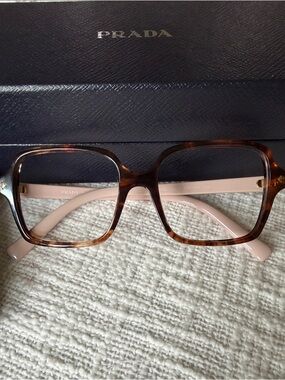 Prada Tortoise Front with Pink Temples Square Optical Glasses
